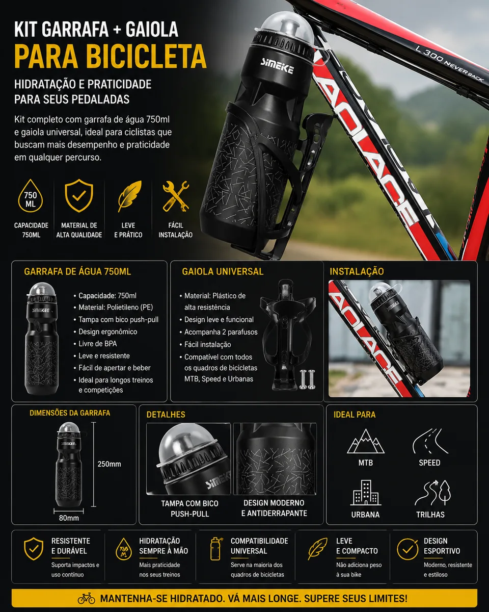 Kit Garrafa Squeeze 750ml + Suporte Bike