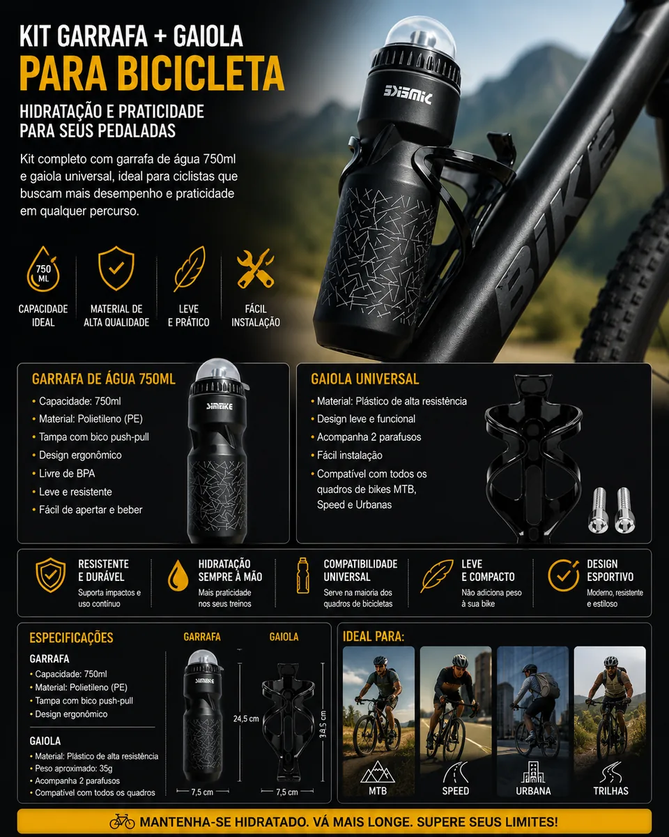 Kit Garrafa Squeeze 750ml + Suporte Bike