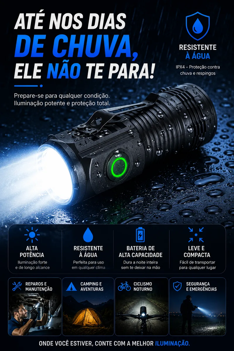 Lanterna LED Recarregável IPX4 3 Modos