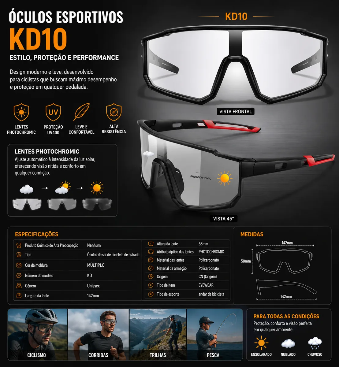 Óculos Esportivo KD10 Fotocromático UV400